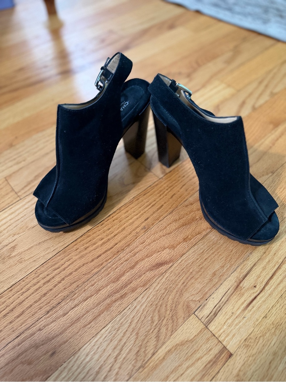 Michael Kors Black Suede Peep-Toe Block Heel Slingback